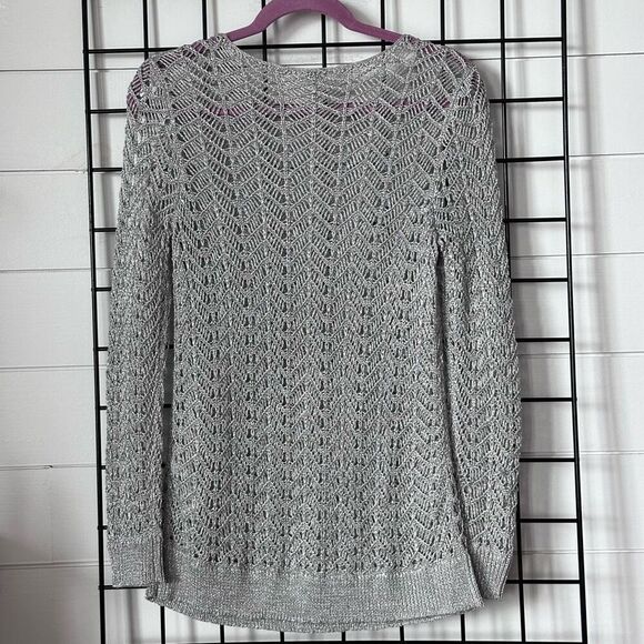 Chico’s Shine Stitch Theodora Pullover Sweater Womens 0 (S) Silver Open Knit - Picture 4 of 12